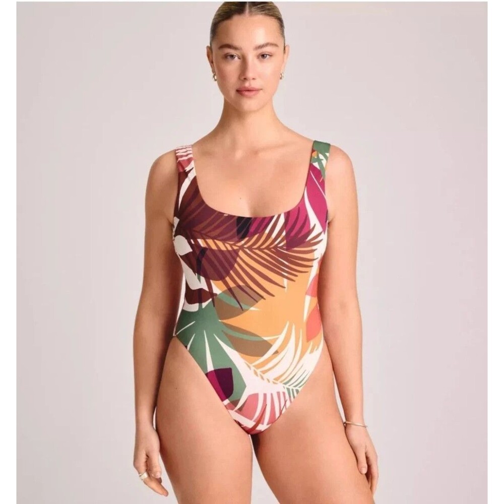 Vitamin A Dark Multicolor Palm Print Scoop Neck One-Piece Swimsuit Sz M NWT